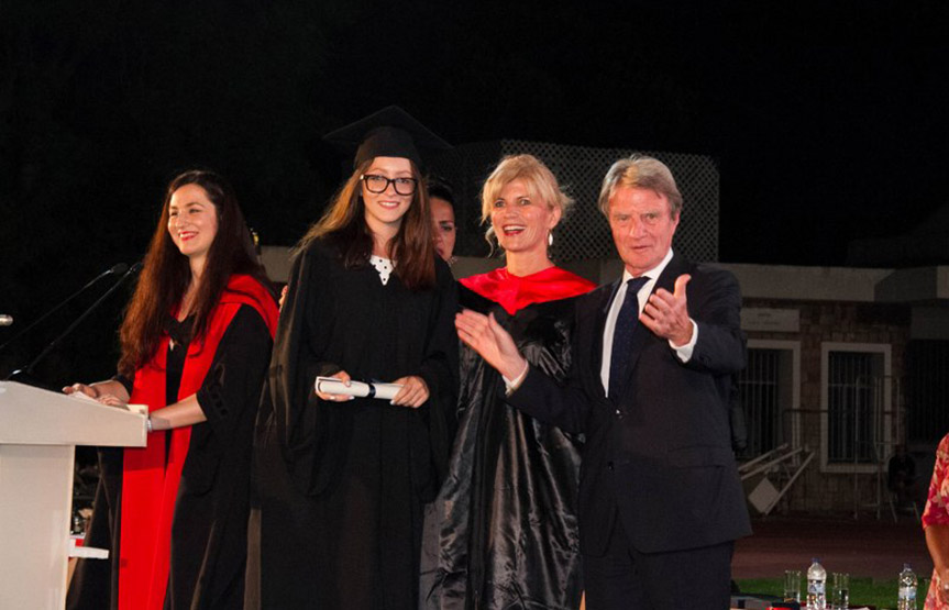 Dr. Bernard Kouchner, co-founder of Doctors Without Borders, founder of Doctors Of The World and f. Minister of Foreign and European Affairs of the French Republic, was the keynote speaker at the graduation of NYC and awarded the degrees to graduates configure