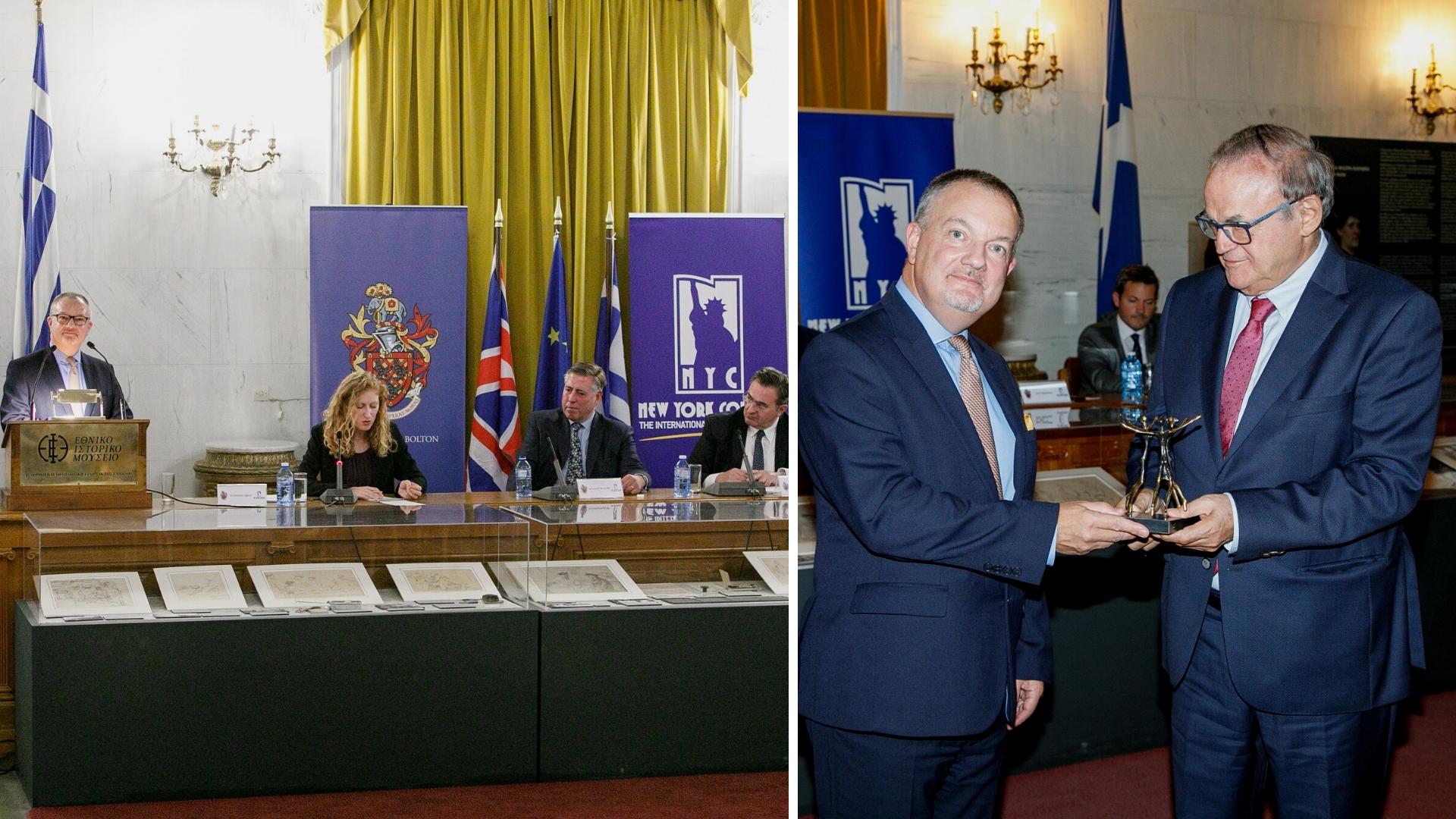 Φώτο άνω: O Βρετανός Πρέσβης στην Ελλάδα, Matthew Lodge κατά τη διάρκεια της ομιλίας του παρέλαβε από τον Πρόεδρο και Ιδρυτή του Εκπαιδευτικού Ομίλου New York College, κ. Ηλία Φούτση το “British-Greek Friendship & Education Award”.